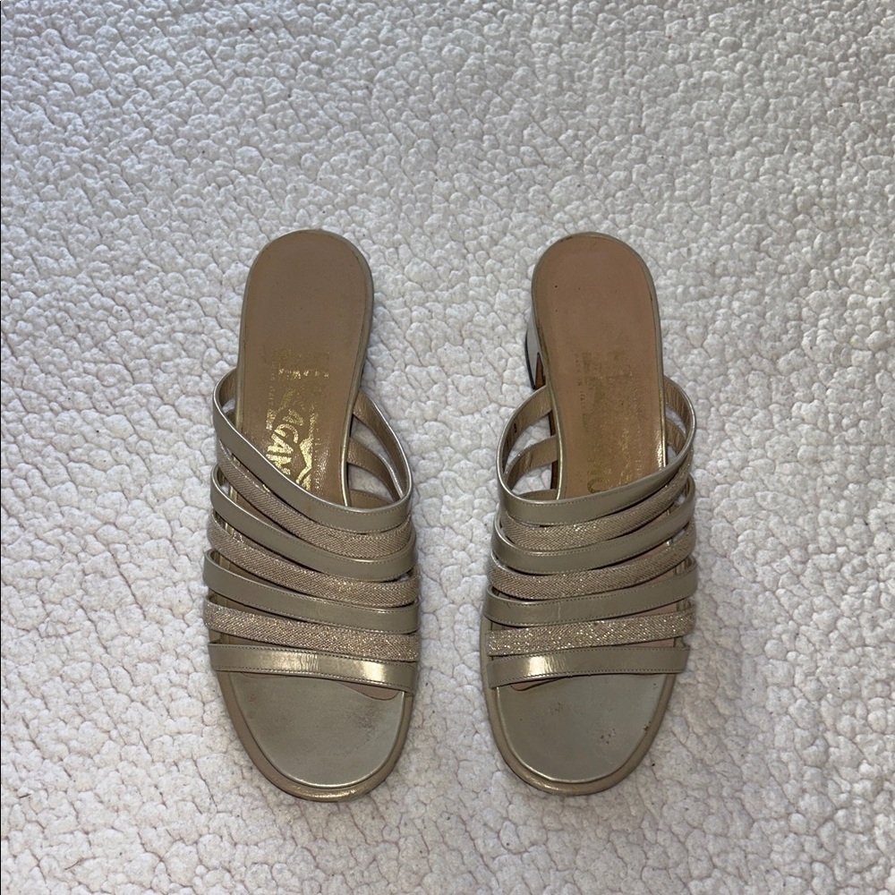 Salvatore Ferragamo Metallic Gold Strappy Mules